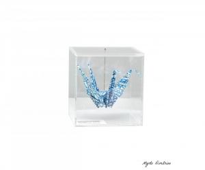 blue crane in plexiglass box